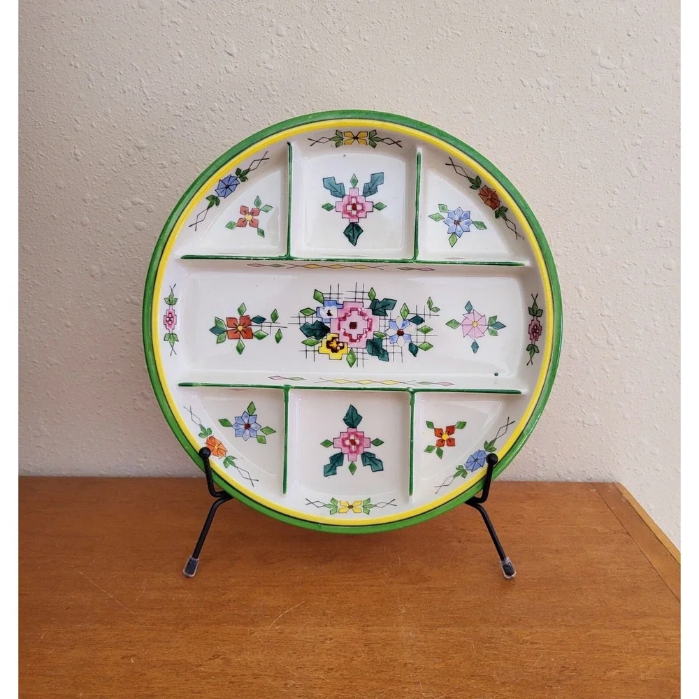 Vintage Divided Ceramic Candy Dish Plate Handpainted Japan RARE Floral Design‎
